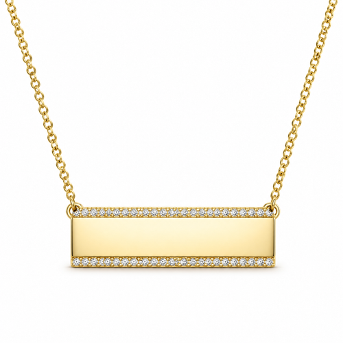 18K gold engravable diamond bar necklace on white background
