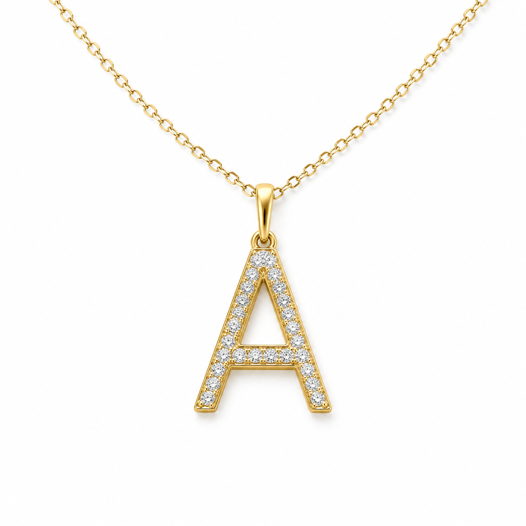 18K gold initial diamond pendant necklace on white background