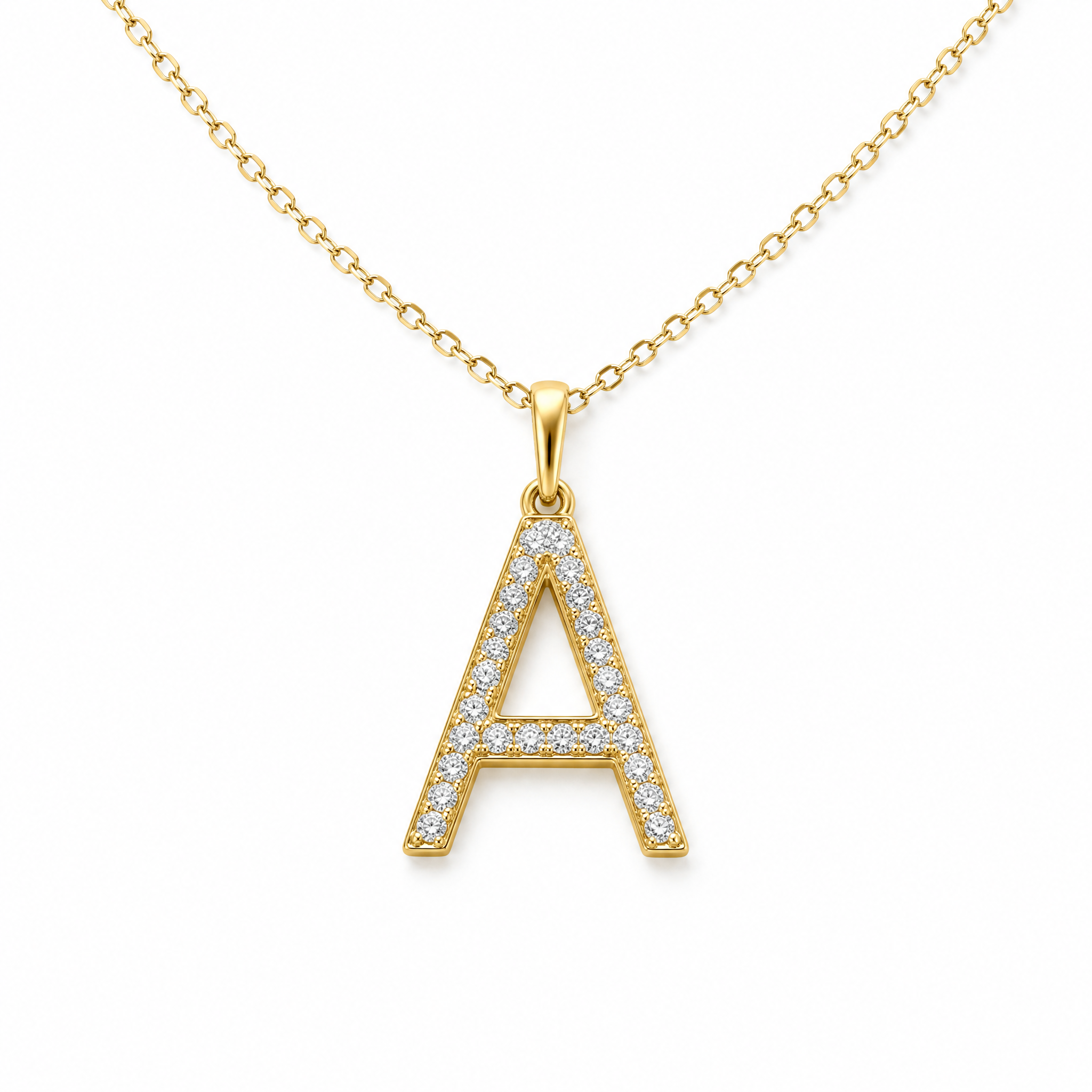 18K gold initial diamond pendant necklace on white background