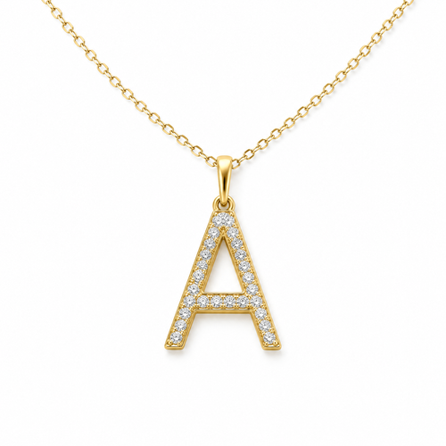 18K gold initial diamond pendant necklace on white background