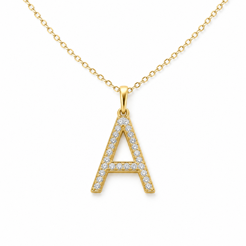 18K gold initial diamond pendant necklace on white background
