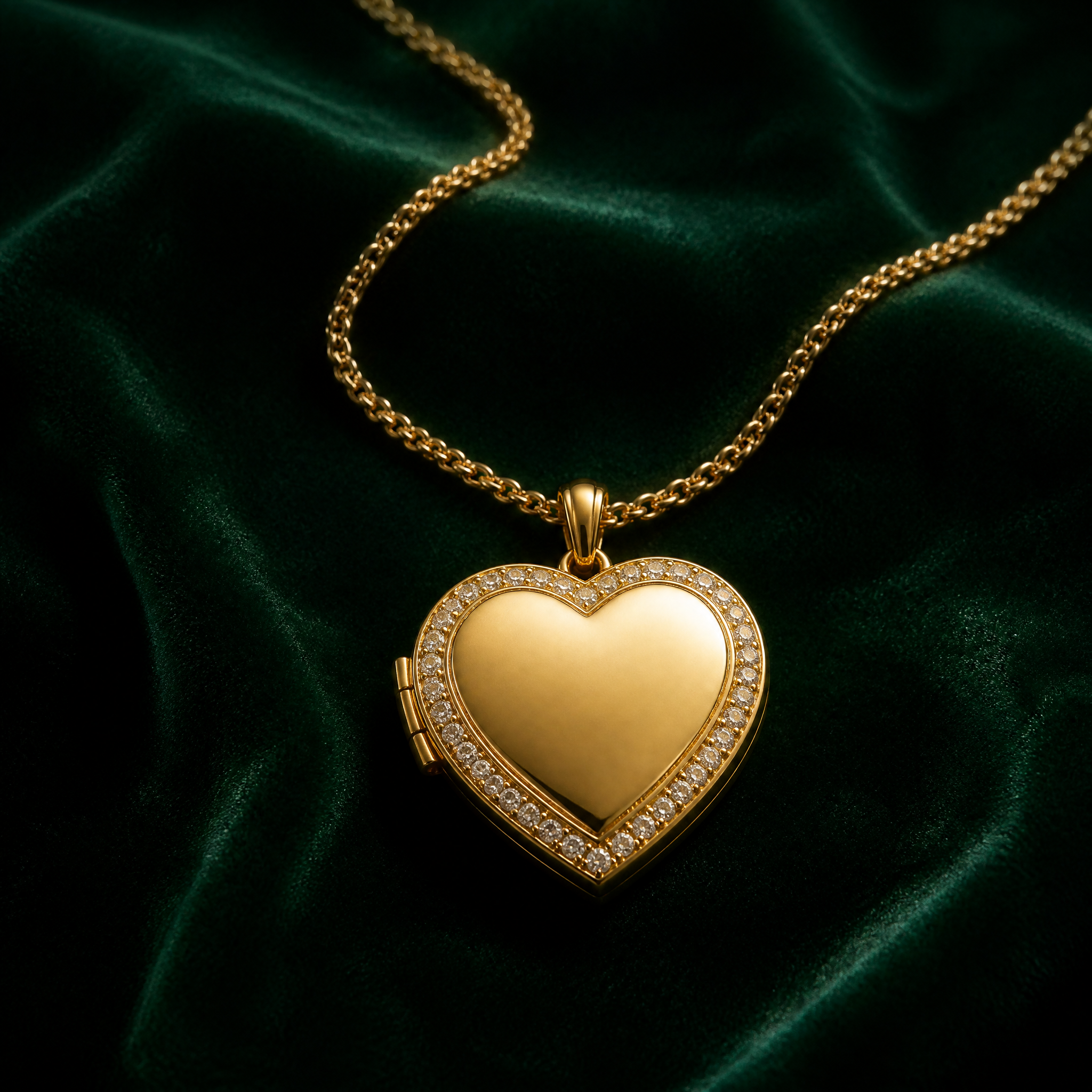 18K gold custom diamond heart locket necklace on emerald velvet
