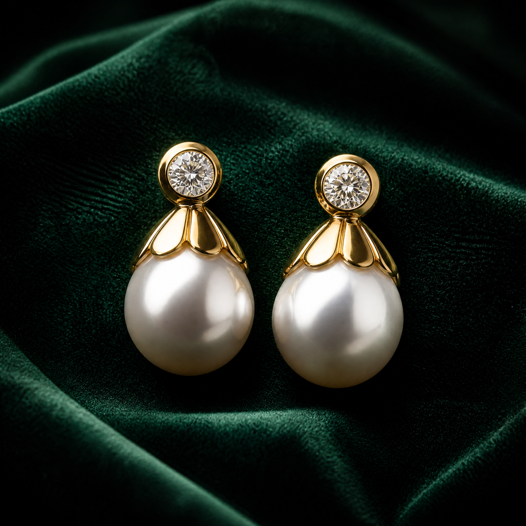 Pearl drop earrings with diamonds in 18K gold on emerald velvet