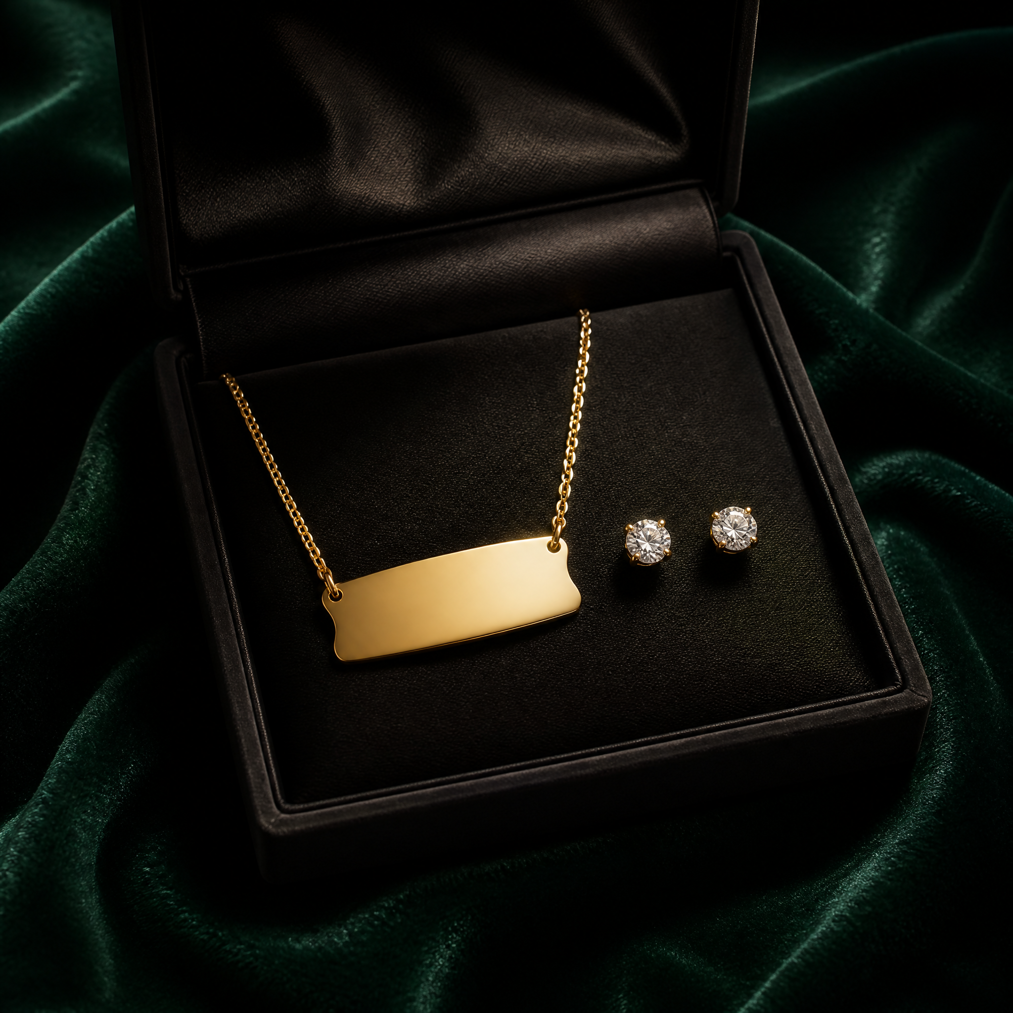 18K gold name necklace and diamond studs gift set on emerald velvet