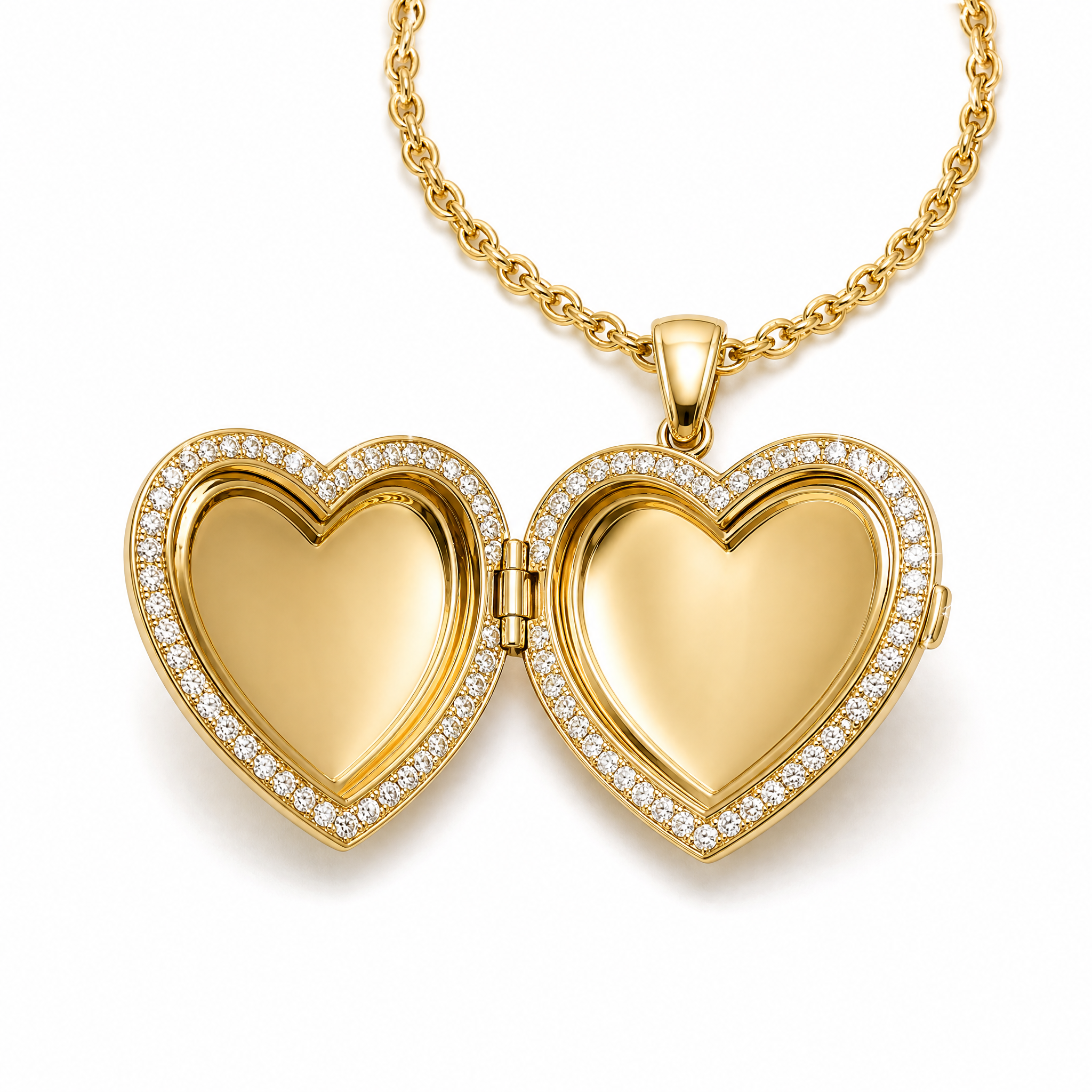 18K gold custom diamond heart locket necklace on white background