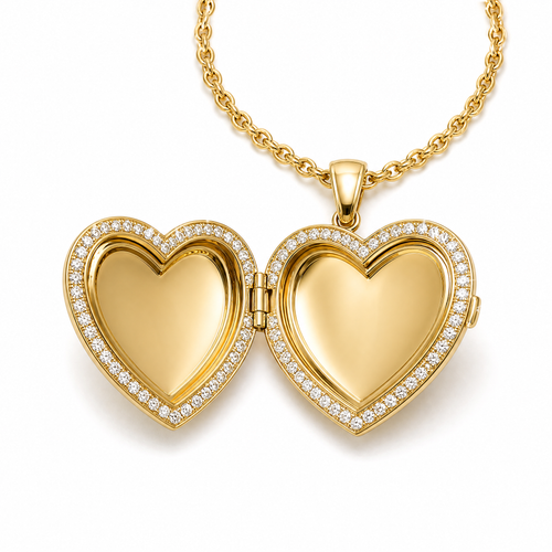 18K gold custom diamond heart locket necklace on white background